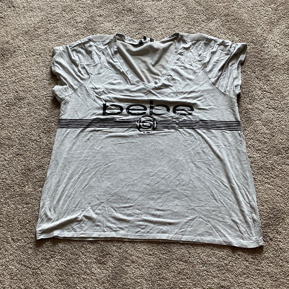 Bebe Sport Gray Logo Tee V Neck Short Sleeve Casual Athleisure Top SIZE 1X
